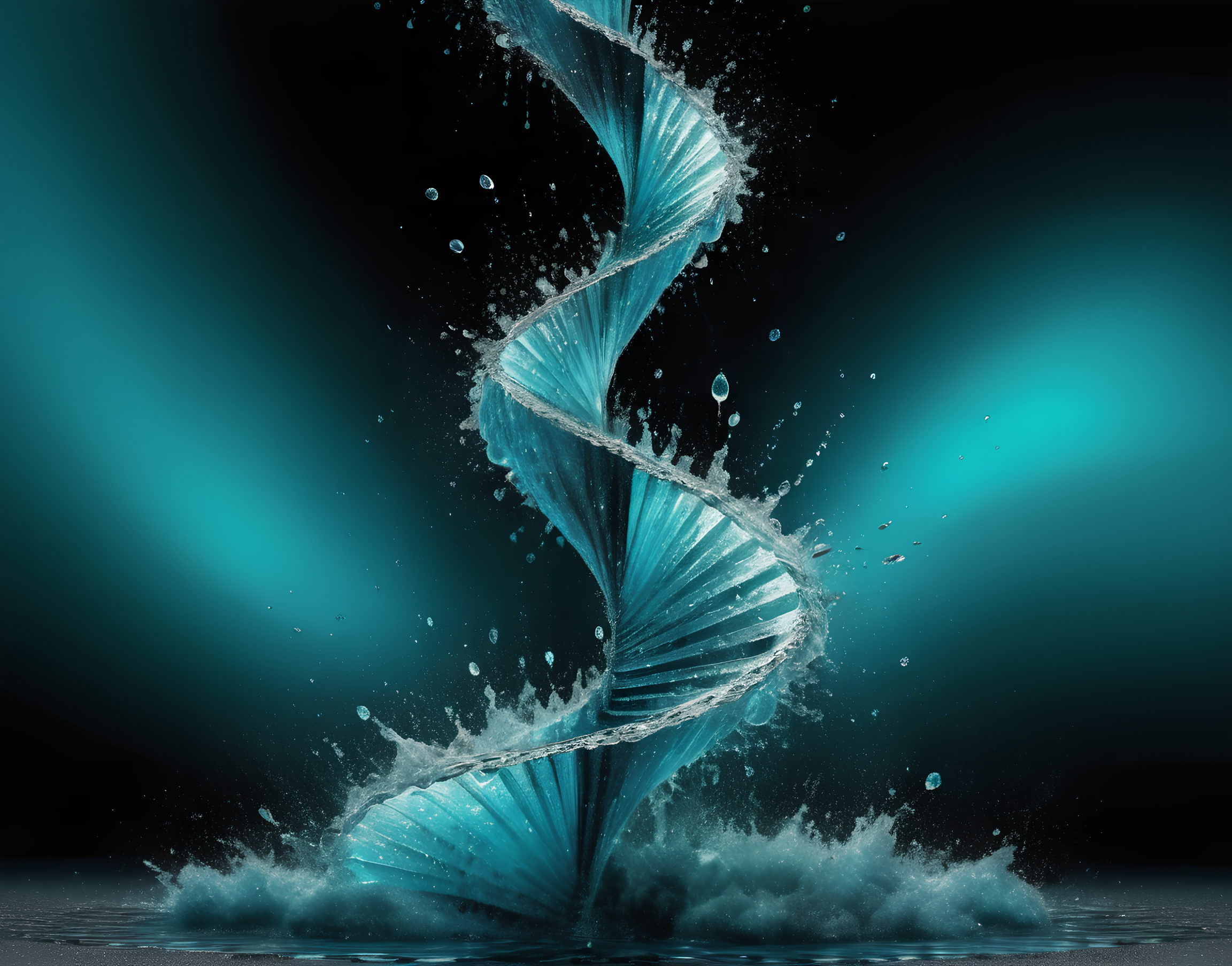 one mighty water double helix connecting the borders of the image with its center, sparkling drops erupting into every direction, black to turquoise gradient background, semi-realistic aquarelle, bright lighting, best quality, masterpiece, extremely detailed, 8K <lora:add-detail-xl:2>
