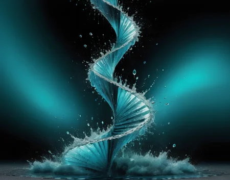 one mighty water double helix connecting the borders of the image with its center, sparkling drops erupting into every direction, black to turquoise gradient background, semi-realistic aquarelle, bright lighting, best quality, masterpiece, extremely detailed, 8K <lora:add-detail-xl:2>