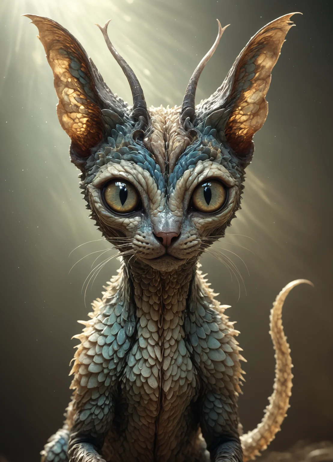 <lora:TheWeirdies_epoch_10:0.78> no humans, animal focus, Small Otherworldly Ethereal Abstract Feline, Digitigrade Appendages, Forked-Tailed, Scales, Pointed Horns Split Jaw Beige <lora:add-detail-xl:1>