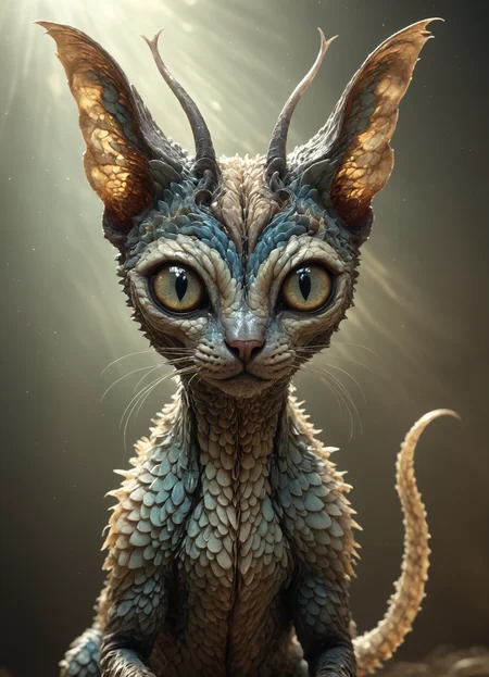 <lora:TheWeirdies_epoch_10:0.78> no humans, animal focus, Small Otherworldly Ethereal Abstract Feline, Digitigrade Appendages, Forked-Tailed, Scales, Pointed Horns Split Jaw Beige <lora:add-detail-xl:1>