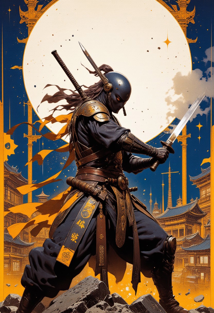 Japanese Culture Style, Neo Photorealistic Art, Emotional Photos, 35mm film, Young Japanese Woman in skintight black ninja bodysuit fighting for Ukraine, A Japanese sword is stuck into the ground, smoking, Japanese shrine background with a centered white circle, white sphere on the background, (blue and yellow colors)