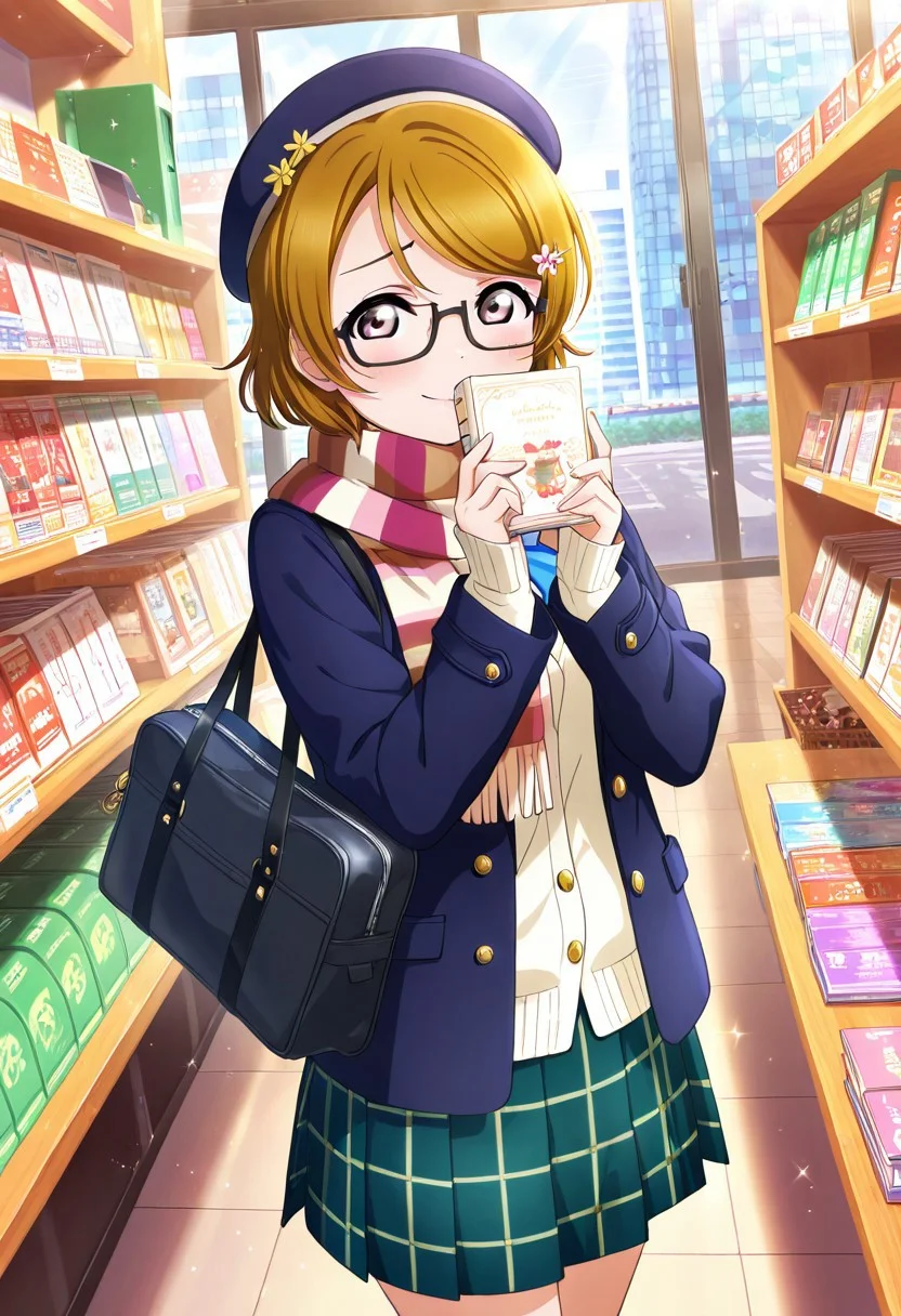 masterpiece, best quality,
1girl, koizumi_hanayo, bag, beret, bike_rack, bookstore, brown_eyes, brown_hair, cardigan, city_street, coat, flower_hairpin, glasses, green_skirt, hairpin, highres, holding_book, indoors, jacket, light_smile, long_sleeves, love_live!, love_live!_school_idol_festival_all_stars, love_live!_school_idol_project, official_art, satchel, school_bag, shy_smile, short_hair, skirt, solo, striped_scarf, window