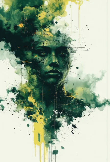 a dipiction of a hantu bantu, blending form with reality. Glitching the surreal with blurred dreams in Futuristic Forest Green and Murky Swamp Green muted colors on a white background. Woven light fuses delicatly with whispering shimmers creating a eyecatching and masterpiece artwork. drifting fog, cracked light and smokey haze in floating threads finishes the dreamlike reality.