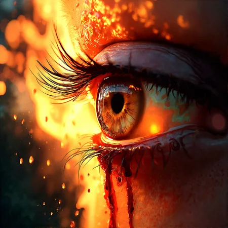 Extremely realistic depiction of an eyeball on fire with tears of blood running down


