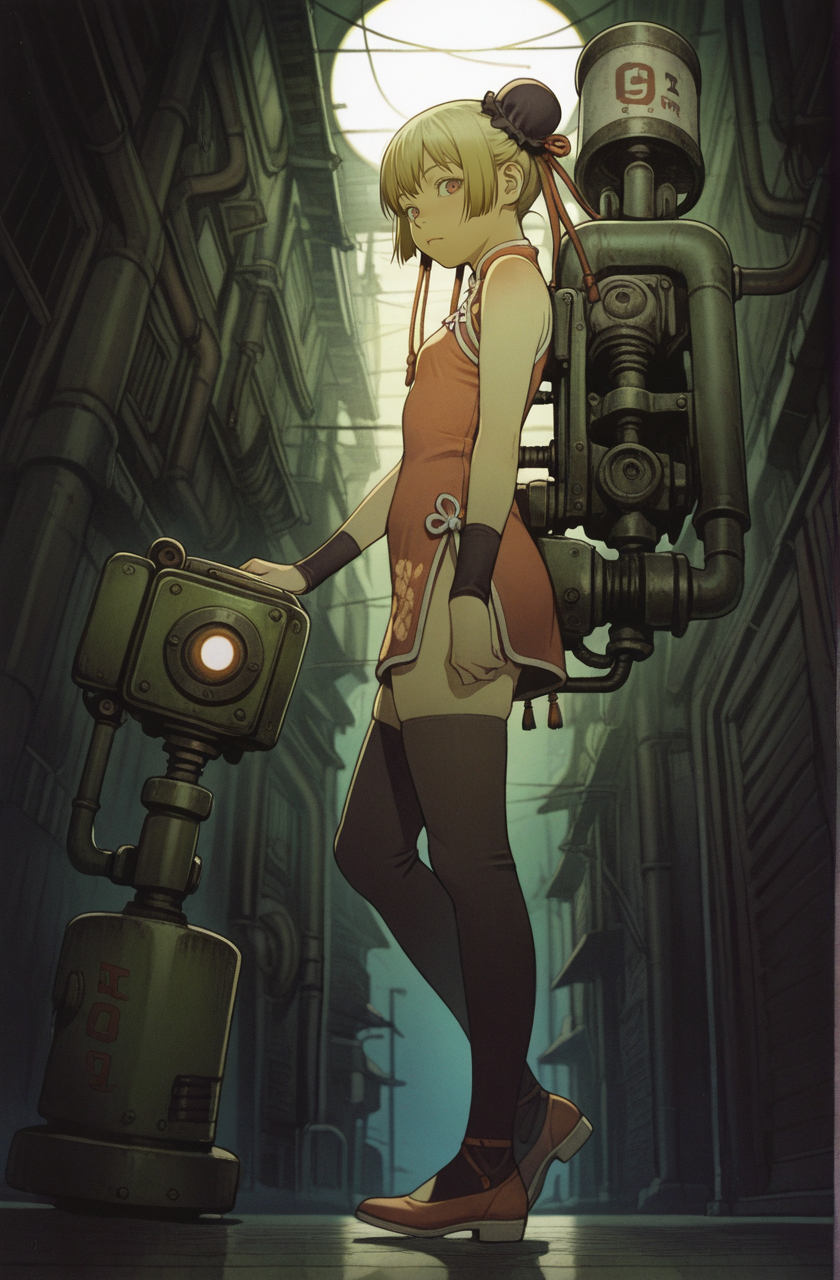 1girl,blonde,tatsuyuki, pipes, machine,Underexposure,dark room,perspective, black thighhighs, 
from side, looking at viewer,from below,sunless day,chinese clothes, (ride a machine Walking robot:1.3)
<lora:Perfect Hands:1> <lora:Tatsuyuki:0.9> <lora:add-detail-xl:1><lora:age_slider_v4:-3>, score_9, score_8_up, score_7_up, score_6_up, score_5_up, score_4_up,zPDXL