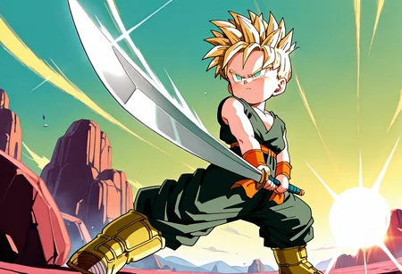 masterpiece,best quality,amazing quality,very aesthetic,absurdres,newest, highres,very awa, <lora:Kid_Trunks_-_DBZ-000011:1>, 1boy, male child, kidtrunks, aqua eyes, no pupils, blonde hair, super saiyan, spiked hair, green dougi, orange wristband, orange sash, green pants, baggy pants, yellow boots,  <lora:sunrise stance_concept_IllustriousXL_epoch-000033:1>, sunrise stance,holding sword, two-handed, two-handed sword, lens flare, serious, looking away, from below, foreshortening,