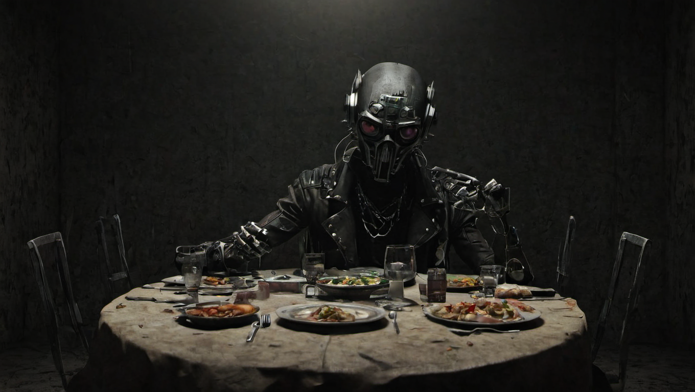 <lora:Roger_Deakins_Cinematography:1>, Voidpunk, dinner table,, movie still, Animation Genre