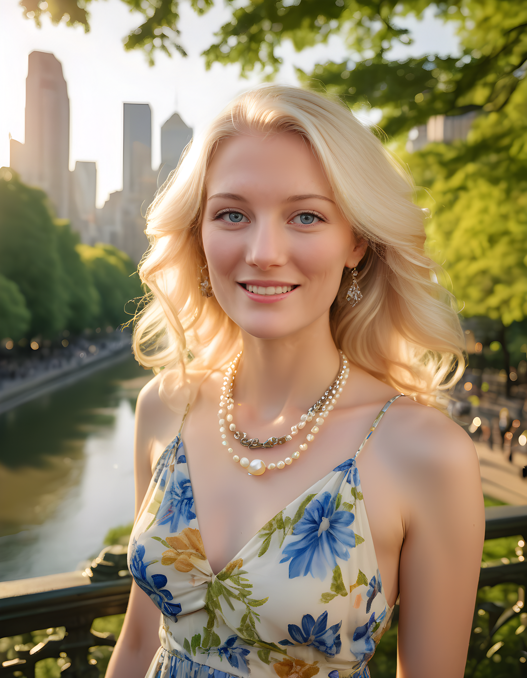 A5HL3YH, In a bustling city park bathed in the soft golden hues of late afternoon sun, a radiant woman with cascading platinum blonde hair and captivating blue eyes wears a flowing, vibrant sundress adorned with intricate floral patterns. Her pearl necklace glimmers as she looks directly at the viewer with a warm, inviting smile that illuminates her beautiful lips. The camera is positioned slightly above, offering an intimate portrait of her upper body, while the verdant canopy of trees and the distant skyscrapers create a stunning backdrop to this enchanting scene.