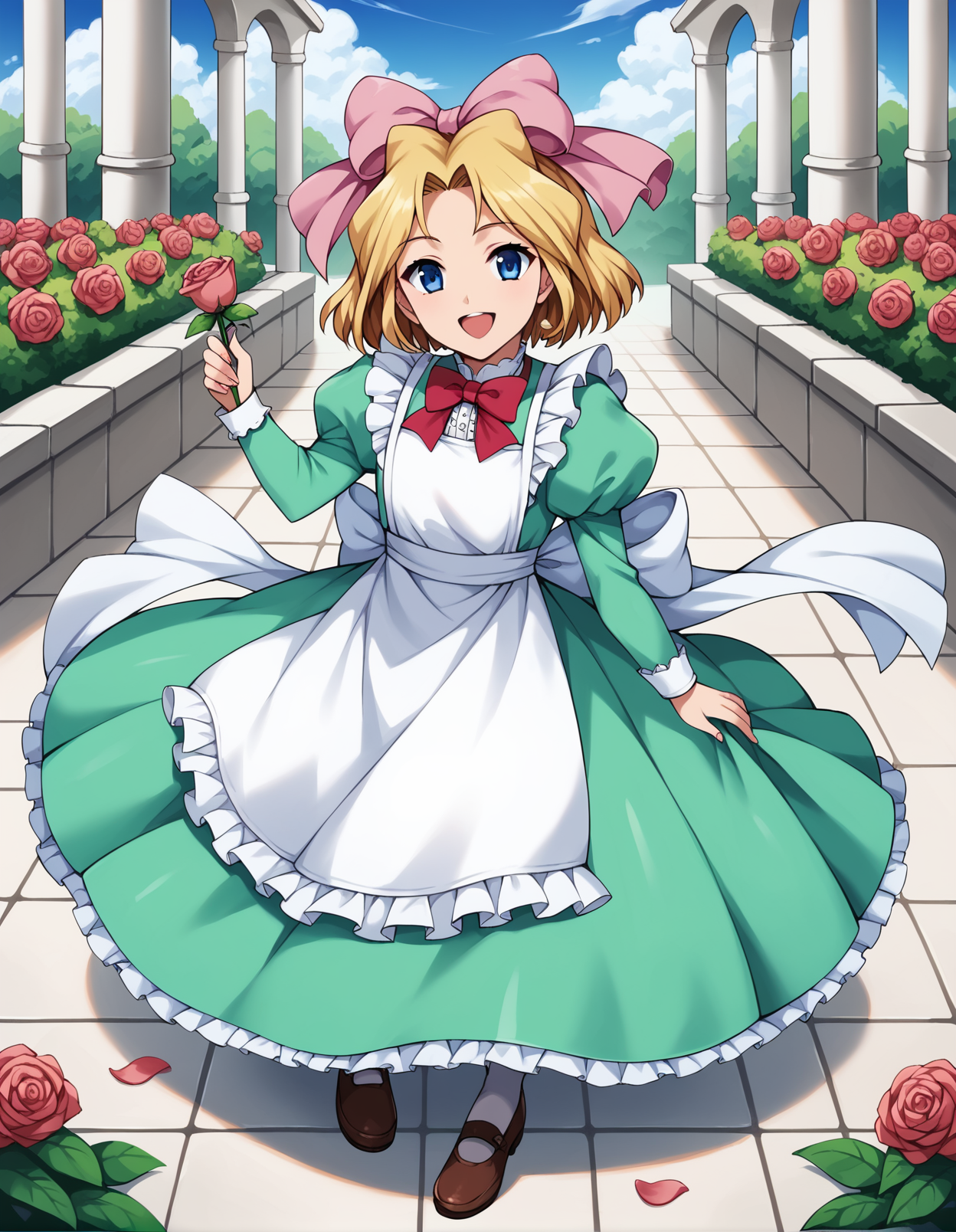 score_9, score_8_up, score_7_up, score_6_up, score_5_up, score_4_up, source_anime, rating_safe, BREAK <lora:irisXL_LoRA-C3Lier_AdamW_Dim16_Alpha16_UN-3e-4_TE-1.5e-4_6batch_ponyDiffusionV6XL_v6StartWithThisOne:1>, iris chateaubriand, 1girl, blonde hair, short hair, hair bow, blue eyes, pink bow, red bowtie, frilled apron, frilled dress, green dress, juliet sleeves, white ribbon, long sleeves, white pantyhose, shoes, standing, smile, open mouth, hand up, garden, flower, rose, rose petals, wind, looking at viewer, mansion