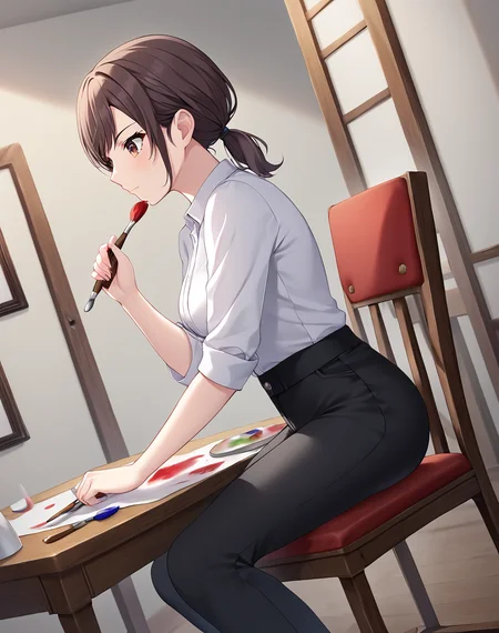 shinonome_ena, brown hair, brown eyes, short hair,  short ponytail, low ponytail, official art, medium breasts, white shirt, black pants,   BREAK indoors, art room, canvas, paint   BREAK painting, serious face, holding brush, brush , sitted, sitted on chair, wodden chair, from side, BREAK score_9, score_8_up, score_7_up, source_anime ,zPDXL, perfect hand,  <lora:Shinonome_Ena:0.8>, dutch angle