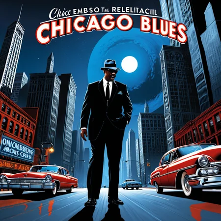 hype detailed masterpiece, dynamic realistic digital art, awesome quality, Chicago Blues Album Cover, Artwork, Band/Artist Name, Photo,Unmelodic Motif