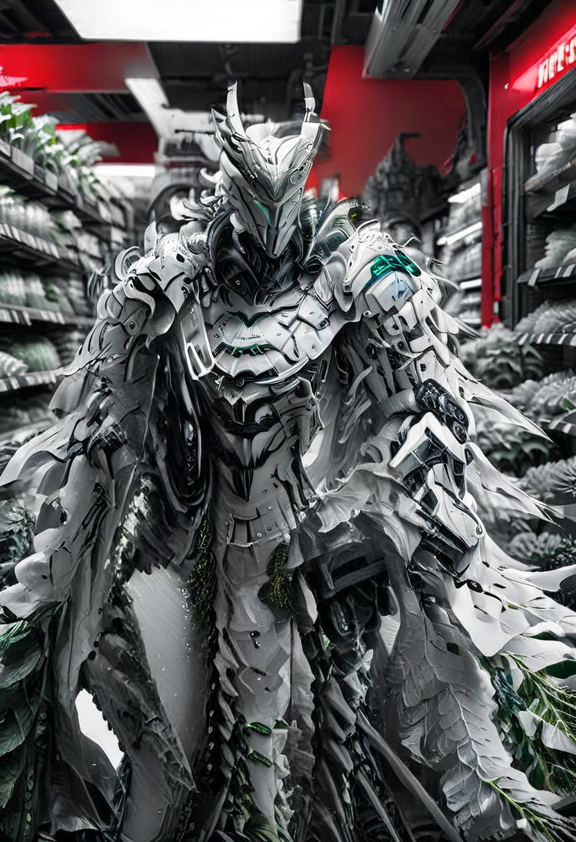 whitemold,3d printed mold,art style,greyscale,monochrome, front view, supermarket, vegetables department, WHITE CYBORG WARRIOR, score_9, score_8_up, score_7_up, score_6_up, score_5_up, score_4_up, UHD, 8K, masterpiece, detailed, ultra_high_resolution, lots of detail, Ultra detailed photo realistic background, lots of detail, RED ILLUMINATED SWORD, cyberpunk, mad-hdwr, cyberpunk.