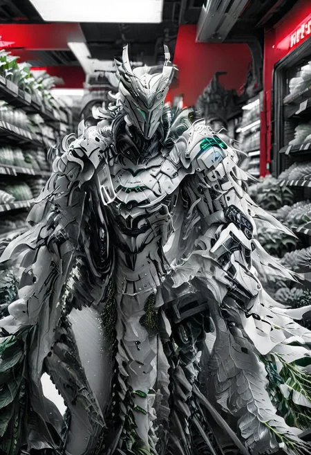whitemold,3d printed mold,art style,greyscale,monochrome, front view, supermarket, vegetables department, WHITE CYBORG WARRIOR, score_9, score_8_up, score_7_up, score_6_up, score_5_up, score_4_up, UHD, 8K, masterpiece, detailed, ultra_high_resolution, lots of detail, Ultra detailed photo realistic background, lots of detail, RED ILLUMINATED SWORD, cyberpunk, mad-hdwr, cyberpunk.