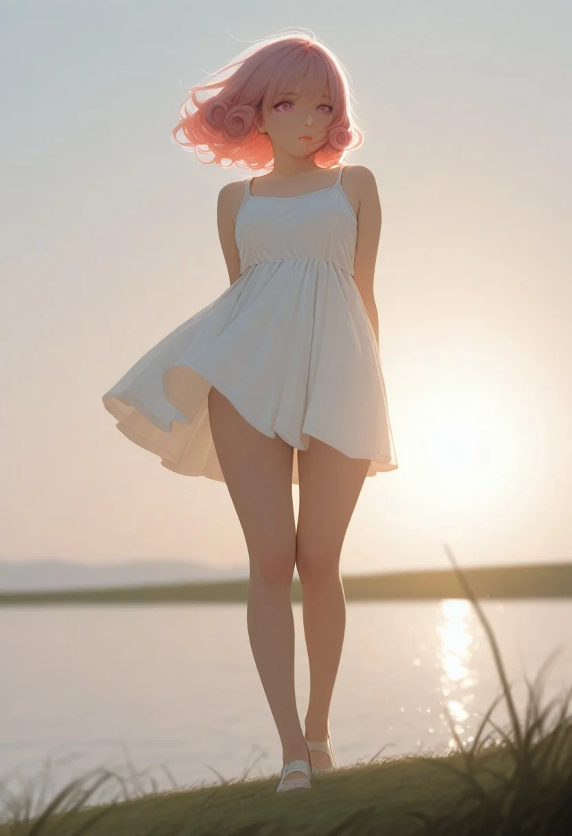 7481llu, masterpiece, best quality, amazing quality, very aesthetic, absurdres, newest, (scenery, volumetric lighting), 8K, depth of field, focused subject, perfect eyes, 1girl, CivChan, Realistic photo of a young woman with curly pink hair standing on top of a green hill at dawn. She is wearing a light white dress that flutters in the wind. In the distance can be seen mountains covered in a misty haze. Soft golden light floods the scene, creating an atmosphere of tranquility and freedom. Style: highly detailed photography with cinematic lighting, similar to the works of National Geographic. Depth of field: blurred background with emphasis on the model's face and hair. full body,