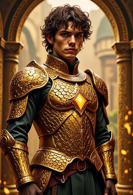 Masterpiece, realism, fantasy style, Epic scene from Lord of the Ring movie, Frodo Hobbit at center of image, Frodo is wearing metallic snake mithril shirt armor glowing from inside, intricate detail