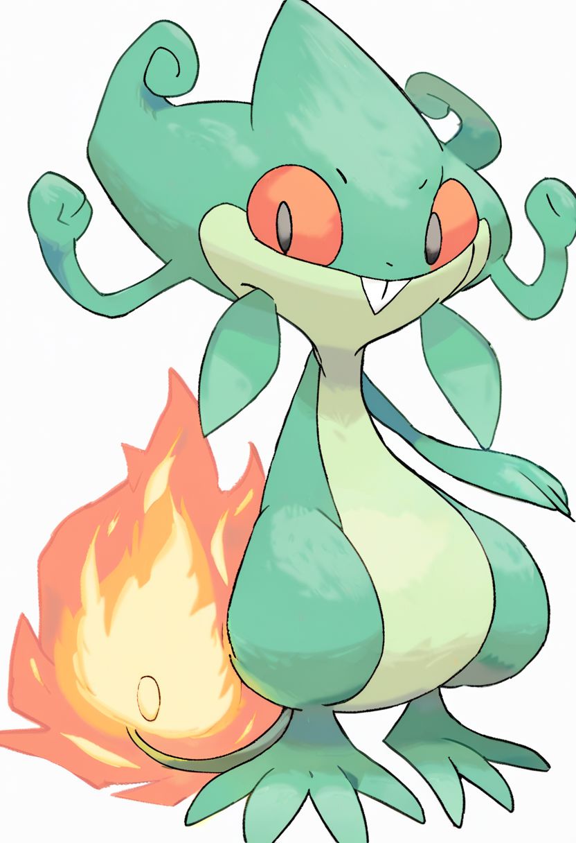 score_9, score_8_up, score_7_up,Create an image of a whimsical, cartoonish grass/fire-type creature. It should possess a dynamic and balanced profile composition, centered with ample negative space around it. The creature should have a verdant green body with fiery red-orange leaf-shaped accents, resembling flames, along its back and tail. Its tail should end in a flicker of yellow and red flame, implying movement as if it's ready to ignite at any moment. Its facial features should include wide, expressive eyes with flame-colored irises and a mischievous smile that reveals tiny, pointed white teeth. Small, leafy appendages should sprout from its cheeks, and its belly ought to be a lighter shade of green. The illustration should be rendered in a bold, cartoon style with clean lines of varying thickness, flat colors with simple shading to suggest a fiery vitality, and no texture to maintain a sleek, lively appearance. The background should be transparent for versatile application across various media. The overall impression should be playful yet fiery, capturing the essence of a character that could leap into the action of a game or animate the pages of a fantastical story .zPDXL