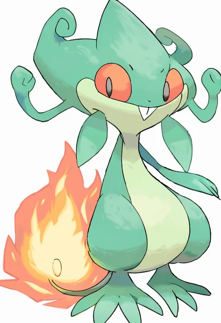 score_9, score_8_up, score_7_up,Create an image of a whimsical, cartoonish grass/fire-type creature. It should possess a dynamic and balanced profile composition, centered with ample negative space around it. The creature should have a verdant green body with fiery red-orange leaf-shaped accents, resembling flames, along its back and tail. Its tail should end in a flicker of yellow and red flame, implying movement as if it's ready to ignite at any moment. Its facial features should include wide, expressive eyes with flame-colored irises and a mischievous smile that reveals tiny, pointed white teeth. Small, leafy appendages should sprout from its cheeks, and its belly ought to be a lighter shade of green. The illustration should be rendered in a bold, cartoon style with clean lines of varying thickness, flat colors with simple shading to suggest a fiery vitality, and no texture to maintain a sleek, lively appearance. The background should be transparent for versatile application across various media. The overall impression should be playful yet fiery, capturing the essence of a character that could leap into the action of a game or animate the pages of a fantastical story .zPDXL