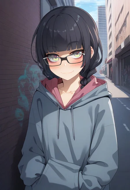 score_9, score_8_up,source_anime, 1girl, solo, undressing, blushing, smile, drawn in the artstyle of OgamiKP, OgamiKP, hoodie, city, street, alleway, graffiti,
glasses, blunt bangs, opaque glasses, twin tails, twin braids,