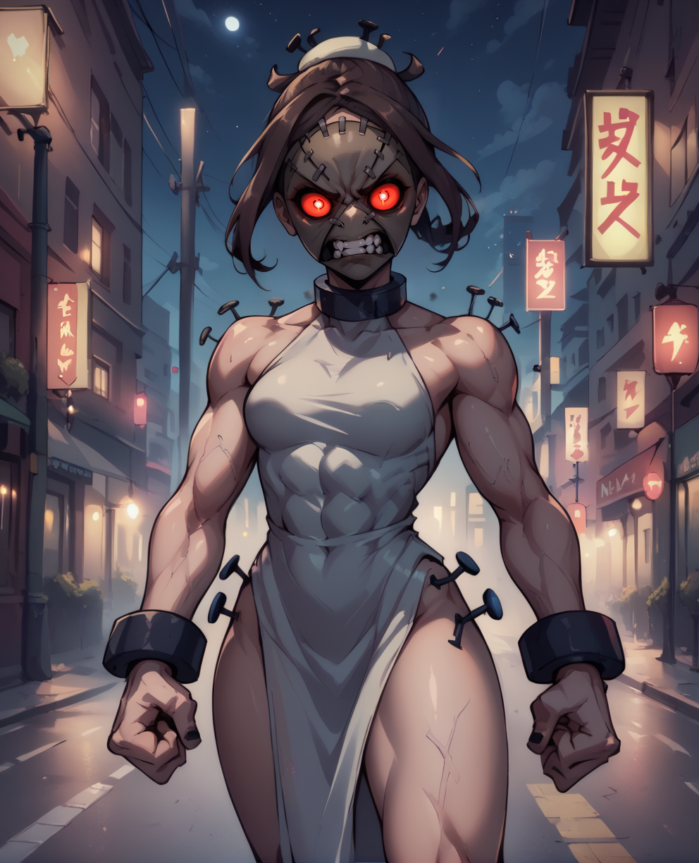 score_9,score_8_up,score_7_up BREAK {prompt},clenched teeth,
painwheelmask,brown hair,single hair bun,black nail polish,angry,Brown Mask,stiches,glowing red eyes,
white dress,side slit,cuffs,bare shoulders,bolts,toned,
standing,clenched hands,
city streets,night,
solo,<lora:PainWheelMask:0.8>,