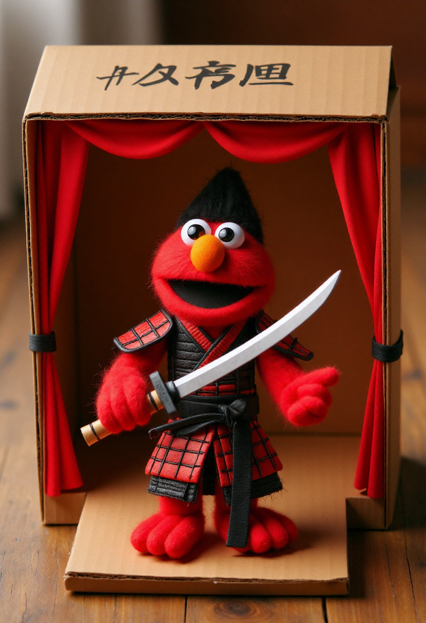 <lora:Finger_Puppet_Theater_FLUX-000013:0.9>
The image is a photograph of a whimsical, handcrafted diorama with a cardboard box set up as a stage,  featuring  Evil Elmo dressed as a samurai, with sword in hand