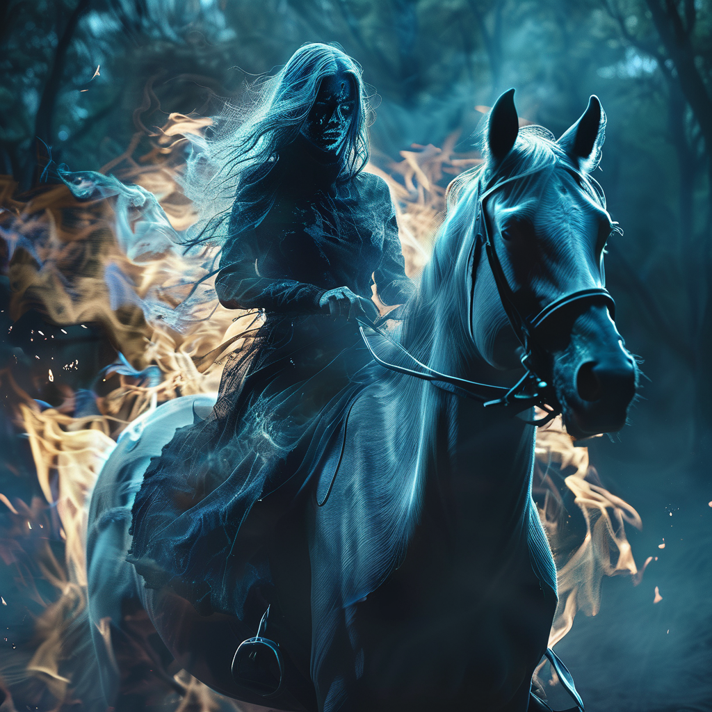 blgas girl ghost death on horse, very detailed, cinematic, darkness <lora:blgas:1>