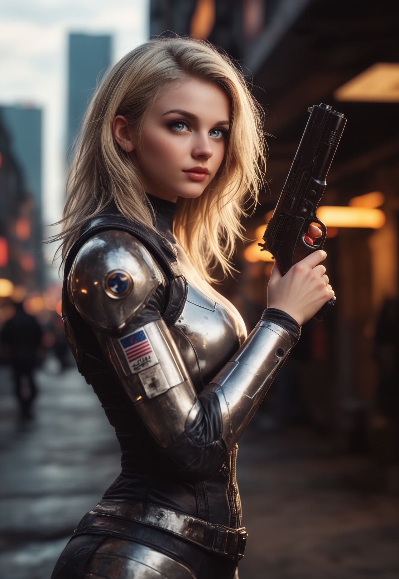 RAW photo, Hyper realistic, realistic photo, masterpiece, stunning, best quality, expression, a highly detailed, young beauty woman, ((style robocop))), steel modern armor, curvy body, highly detailed, blonde, dynamic angle, ultraHD
dynamic pose
BREAK
(((full-clothed))), ((long big pistol in hands, big handgun in hands)) 
cyberpunk city background
 (8k uhd:1,4)
 <lora:add-detail-xl:1>
 <lora:Dynamic Poses:1>
 <lora:SDXL ST PONv6 PersonalAmi_PonyXL_resize:1>
