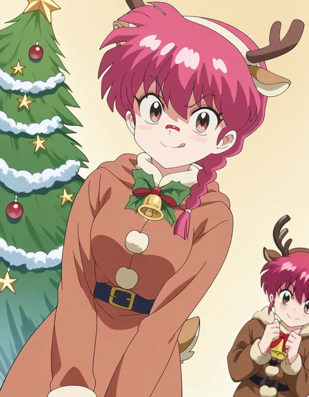 score_9, score_8_up, score_7_up, source_anime, <lora:ranma-saotome-s1-ponyxl-lora-nochekaiser:1>, ranma saotome, braid, red hair, single braid, braided ponytail, red eyes, medium breasts, anime screencap,, <lora:reindeer-costume-ponyxl-lora-nochekaiser:1>, reindeer costume, animal costume, reindeer antlers, antlers, fake antlers, reindeer hood, christmas, red nose, deer ears, deer tail, christmas tree, bell, horns, reindeer,, blush, smile, tongue out, looking at viewer,, , dutch angle, cowboy shot
