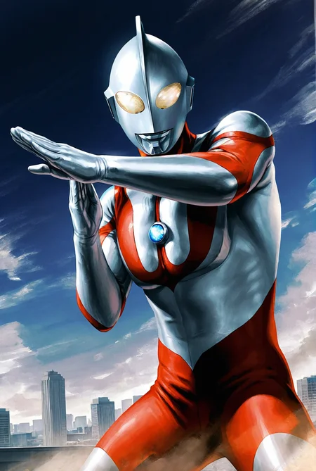 score_9,score_8_up,score_7_up,best quality,ultra-detailed,high resolution,digital painting,8k,1boy,solo,cowboy shot,male focus,bara,detailed face,tokusatsu,alien,bodysuit,yellow eyes,no humans,fighting stance,spread legs,giant,sky,cityscape,<lora:add-detail-xl:1>,<lora:Ultraman:0.8>,ultraman,
