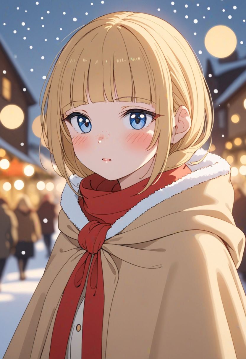 (Blondie:1.0),photograph of a cute adult girl, blonde hair, pale skin, freckles, blush, innocent, petite and youthful face, silver blue eyes, wearing a cloak, city christmas festival, snowfall, Porta 160 color, shot on ARRI ALEXA 65, bokeh, sharp focus on subject, shot by Don McCullin, nsfw, (natural skin texture, hyperrealism, soft light, sharp), (perfect round eyes:1.3), Capture the essence of her beauty, Enrich the composition with soft, diffused natural light that accentuates the textures and colors, creating a timeless and culturally rich image, EyeDetail-SDXL, fFaceDetail-SDXL