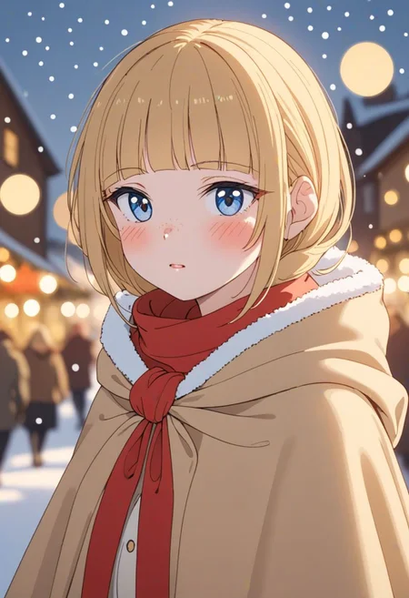 (Blondie:1.0),photograph of a cute adult girl, blonde hair, pale skin, freckles, blush, innocent, petite and youthful face, silver blue eyes, wearing a cloak, city christmas festival, snowfall, Porta 160 color, shot on ARRI ALEXA 65, bokeh, sharp focus on subject, shot by Don McCullin, nsfw, (natural skin texture, hyperrealism, soft light, sharp), (perfect round eyes:1.3), Capture the essence of her beauty, Enrich the composition with soft, diffused natural light that accentuates the textures and colors, creating a timeless and culturally rich image, EyeDetail-SDXL, fFaceDetail-SDXL