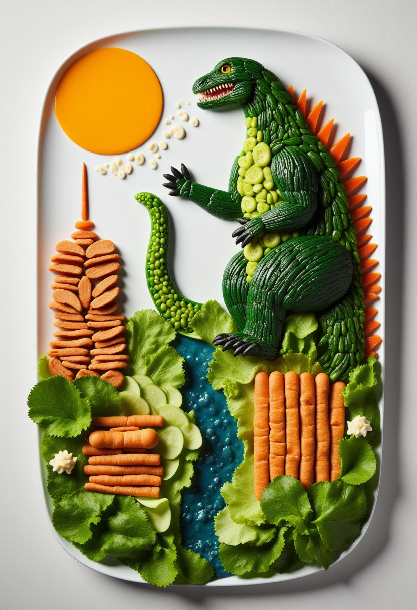 <lora:Food_Formations_FLUX-000016:0.9>
This is a photograph showcasing a meticulously arranged plate of food art, designed to resemble Godzilla and Tokyo.