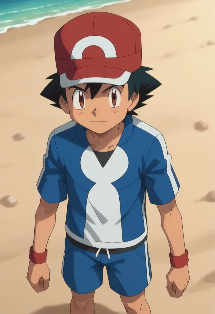 score_9, score_8_up, score_7_up, source_anime, highly detailed, 1boy, solo, male_focused  
ash_ketchum, hat, brown eyes, black hair, baseball cap, beach, closed mouth, shirt,
standing, skinny, slender, cute, hands behind, shorts, leg pov, across view, zoom out,