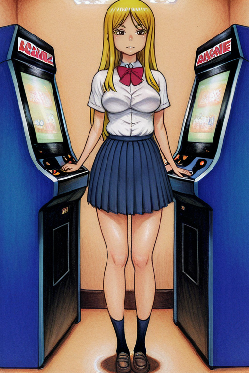 1girl,masterpiece,  arcade,
standing, full body, 
 <lora:Hidaka_ill:1> , hidaka_ill, 1girl, blonde hair, long hair, solo, school uniform, breasts, blue skirt,
 <lora:Edithemad_ill_r1:1.2> , edithemad_ill, traditional media,