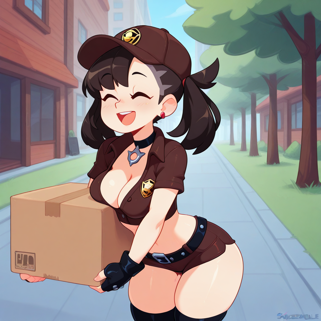 source_western, cowboy shot, (drawn by Scott Malin, drawn by Squeezable \(squeezabledraws\), drawn by Fizintine), marnie\(pokemon\), happy open mouth smile, happy eyes closed,
<lora:UPS_Delivery_Girl_Outfit_Illustrious:1>  USPgirl, dark brown hat with gold badge emblem, skin tight dark brown cropped short sleeve professional shirt with a gold badge emblem, cleavage, skin tight dark brown lowleg micro shorts, black fingerless gloves, belt, over knee black socks, boots, skin tight clothes, dark brown clothes, bare thighs, midriff, 
outdoors ,city street, trees, carrying one cardboard box in front of herself with both hands,