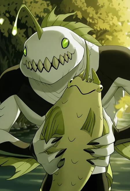 masterpiece, best quality, amazing quality, very aesthetic, absurdres, newest,,
ripjawsov, no humans, sharp teeth, teeth, colored skin, monster, pale skin, angler fish lure, green eyes, small eyes, , monster boy, claws, digimon (creature), fins, , square jaw
fish eye, 2000s, holding fish, grabbing fish, upper body, outdoors, yellow theme, smile,