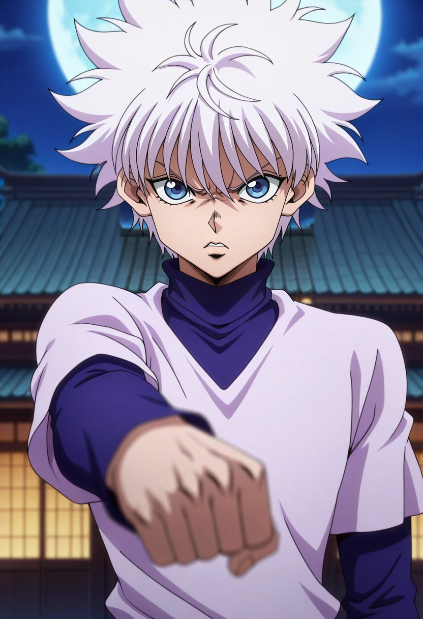 masterpiece, best quality, , anime screencap, , official style, looking at viewer, depth of field, 1boy, solo, male focus, <lora:killua_zoldyck_ilxl:0.94>, killua_zoldyck, white hair, blue eyes, short hair, spiked hair, bangs, messy hair, upper body, east asian architecture, night, full moon, jojo pose, angry,