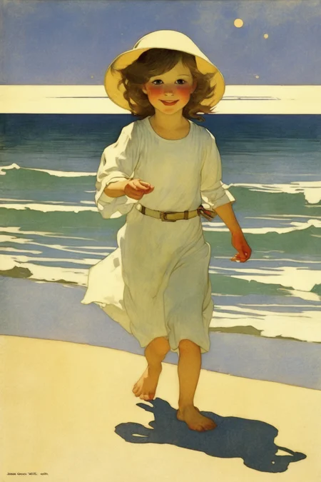 Jessie Willcox Smith Style - kawaii, bright eyes, ethereal, happy, excited, cute, playful, simplistic, iconic, minimalistic, stylized, cheerful, RGB colors, bold, fun, absurdism, style of N.C. Wyeth, retro-futuristic beach environment