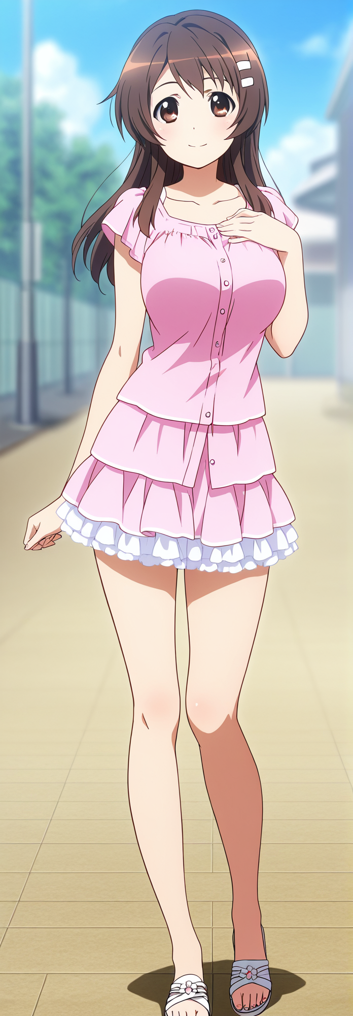 <lora:Niimi_Haruka_PHTKN_Illus:1>niimi haruka, outfit 4, casual outfit, 1girl, solo, long hair, skirt, brown hair, hair ornament, brown eyes, standing, outdoors, hairclip, blurry, legs, contrapposto, collarless shirt, sandals, pink shirt,  Button-Front shirt,  pink dress, 2 layered frilled skirt, pink skirt,  cowboy shot, smile, untucked shirt, young adult, 1girl, looking at viewer, hand on chest, large breast,  full body, mini skirt,