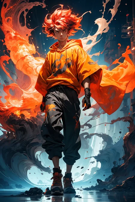 masterpiece, best quality, 1boy, skinny, intricate detail, flame headwear, headphones, brown eyes, feet out of frame, wind, floating hair, flame, gloves, Orange hoodie with flame print, anime screencap, aura,
<lora:more_details:0.4>
<lora:Cosmic anime-oil fusion v2:0.4>
<lora:AnimeVibesV3:0.25> animevibes,
<lora:3DMM_V11:0.5> 3DMM
<lora:midjourney_20230624181825:0.4> midjourney ,
<lora:LAS:0.25> colorful, clouds,
<lora:msw_locon-t2:0.45>
<lora:wuxia2:0.5> gu, shiny, shiny hair, shiny skin, shiny clothes