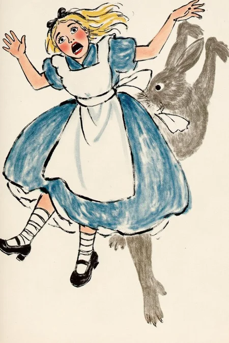 qbs1 ink wash painting.
Overhead view of Alice in Wonderland falling into the rabbit hole, with her legs dangling beneath her. She is looking upward, her face filled with shock and terror as she screams. Her blue dress and white apron billow out around her as she tumbles, while her striped stockings and black shoes are visible below. <lora:qbs1_cap_d6a3e12:1.0><lora:818445356141475366:0>