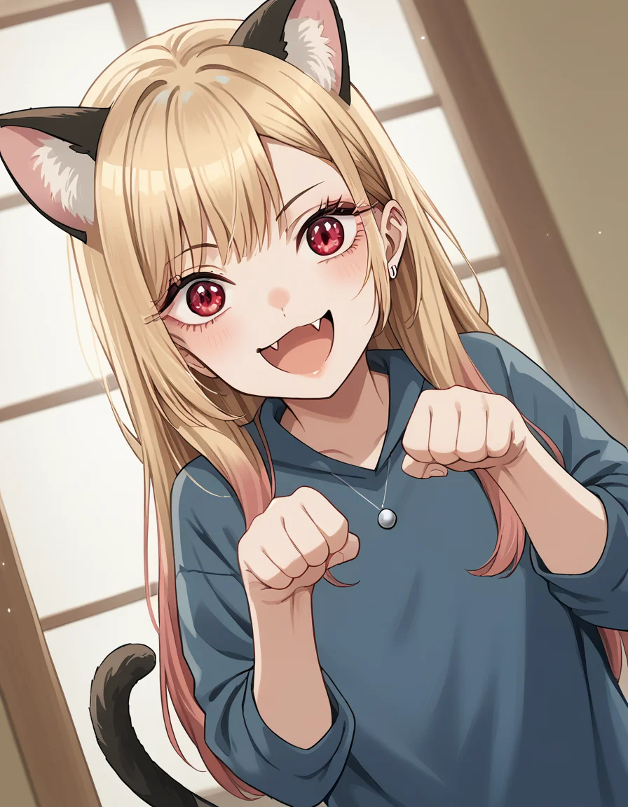 score_9, score_8_up, score_7_up, source_anime, marinkitagawa, <lora:marin-kitagawa-ponyxl-lora-nochekaiser:1>, marin kitagawa, long hair, bangs, blonde hair, red eyes, multicolored hair,, <lora:paw-pose-ponyxl-lora-nochekaiser:1>, paw pose, cat ears, cat tail, animal ears, tail, cat girl, open mouth, fang, whiskers,, indoors, smile,, cowboy shot, dutch angle, looking at viewer,