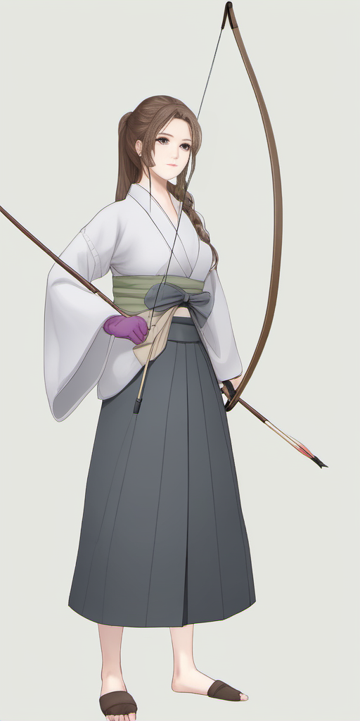Bow, Japanese, kyudo, yumi, portrait photo of 1person,  skirt, brown hair, gloves, holding, standing, full body, ponytail, weapon, single glove, bow \(weapon\), partially fingerless gloves, arrow \(projectile\), holding bow \(weapon\), aiming, drawing bow, archery, in the style of  <lora:bow01_xl:1>