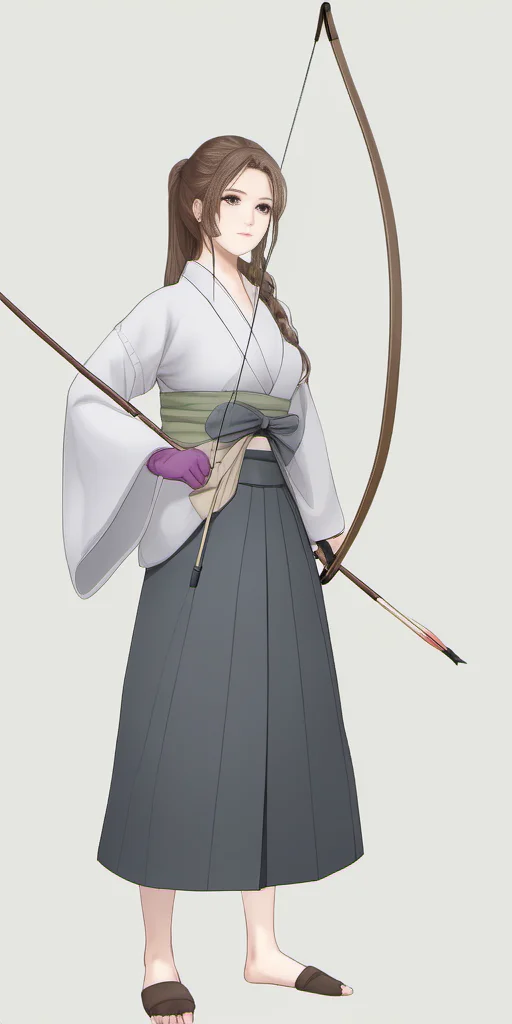 Bow, Japanese, kyudo, yumi, portrait photo of 1person, skirt, brown hair, gloves, holding, standing, full body, ponytail, weapon, single glove, bow \(weapon\), partially fingerless gloves, arrow \(projectile\), holding bow \(weapon\), aiming, drawing bow, archery, in the style of <lora:bow01_xl:1>