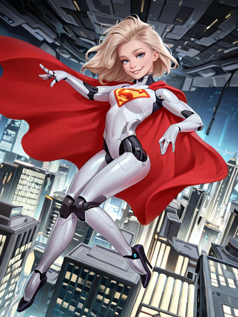 biomechanical cyberpunk <lora:Rino99Quiron_Style_ilus:1> ,  Rino99Quiron, (((2077))),futurism, impressionist, detailed, 1girl, (strong:1.2), long flowing platinum blonde hair,majestic, breathtaking, (suggestive:1.3),(cheeky:1.3), (cute:1.2), enticing, (irresistible:1.3), disturbing, fascinating, (magnetic:1.2), perfect eyes,age20,cybergirl,six pack, long legs,((legs showing)),supergirl character,perfect eyes,natural light blue eyes,superman logo on chest,futuristic city background,sixpack, medium size boobs,slender,((solo)),ultra detailed,masterpiece,round iris,((futuristic skyscraper background)),metallic suit,(((S-Curve Pose,Elegant and poised head tilt,Playful Smile))),((drawing in the style of j scott campbell)),perfect hands,red superman cape,((flying)),ass showing,normal size neck,((full body))., A tropical environment with a party atmosphere and a lot of wealth,  from above,  , (breasts),  , 
 . cybernetics, human-machine fusion, dystopian, organic meets artificial, dark, intricate, highly detailed