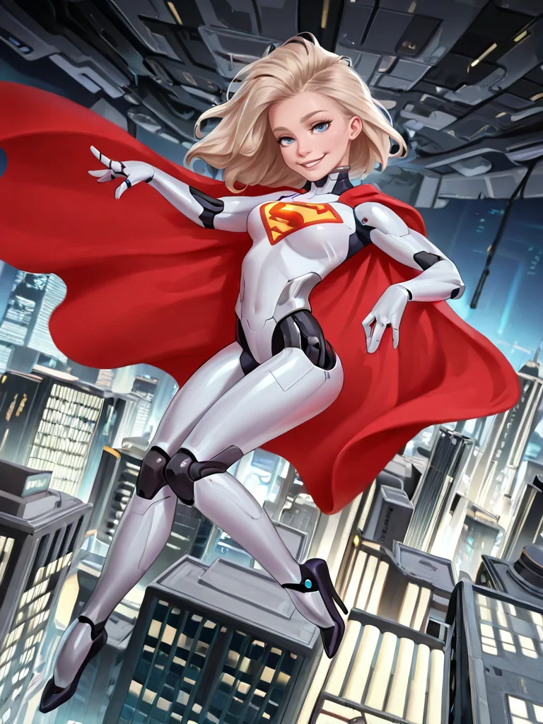 biomechanical cyberpunk <lora:Rino99Quiron_Style_ilus:1> , Rino99Quiron, (((2077))),futurism, impressionist, detailed, 1girl, (strong:1.2), long flowing platinum blonde hair,majestic, breathtaking, (suggestive:1.3),(cheeky:1.3), (cute:1.2), enticing, (irresistible:1.3), disturbing, fascinating, (magnetic:1.2), perfect eyes,age20,cybergirl,six pack, long legs,((legs showing)),supergirl character,perfect eyes,natural light blue eyes,superman logo on chest,futuristic city background,sixpack, medium size boobs,slender,((solo)),ultra detailed,masterpiece,round iris,((futuristic skyscraper background)),metallic suit,(((S-Curve Pose,Elegant and poised head tilt,Playful Smile))),((drawing in the style of j scott campbell)),perfect hands,red superman cape,((flying)),ass showing,normal size neck,((full body))., A tropical environment with a party atmosphere and a lot of wealth, from above, , (breasts), ,
. cybernetics, human-machine fusion, dystopian, organic meets artificial, dark, intricate, highly detailed