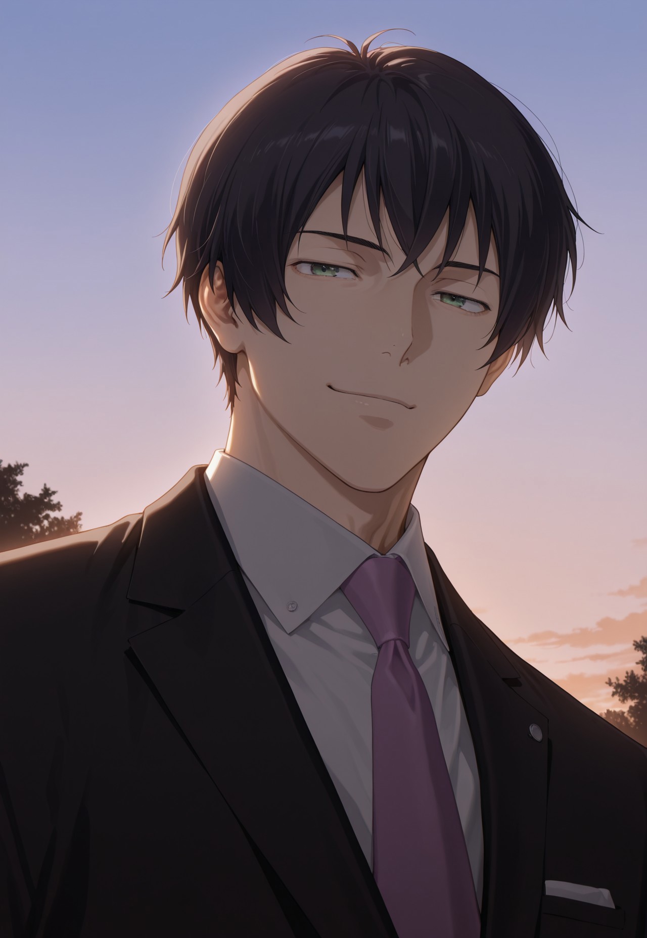 masterpiece,best quality,amazing quality, detailed details, shaded, detailed shading, detailed skin, shaded skin, realistic shading, countershading:1.1, outdoors, evening, 1boy, solo, Tadashi Kikuchi, black hair, green eyes, formal, necktie, suit, smirk, low angle view