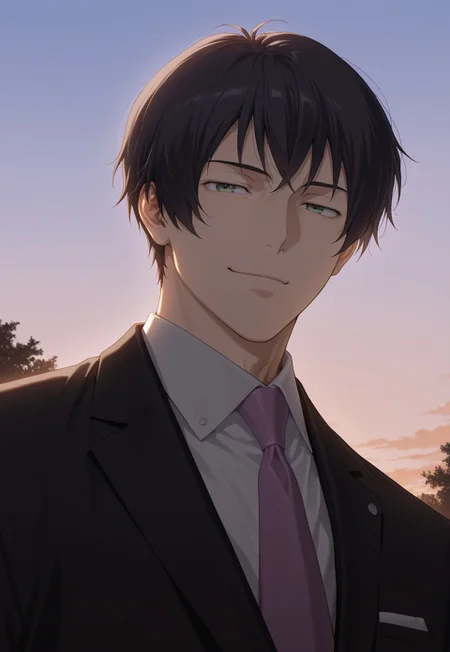 masterpiece,best quality,amazing quality, detailed details, shaded, detailed shading, detailed skin, shaded skin, realistic shading, countershading:1.1, outdoors, evening, 1boy, solo, Tadashi Kikuchi, black hair, green eyes, formal, necktie, suit, smirk, low angle view