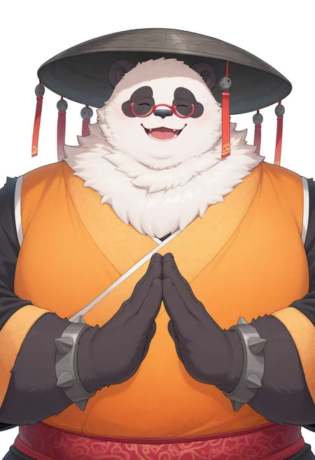 masterpiece, detailed background, best quality, absurd res, high detail, aesthetic, detailed eyes
BREAK
Anthro,panda male,PanYiHun,fat male, huge body, fluffy, neck tuft, fluff, tall male, male focus, close-up, broad shoulders, orange japanese clothing, metal spike bracelets, red mini glasses, japanese hat, long sleeves, (red sash), open mouth, smile, hands together,
BREAK
White background, face focus, straight-on,