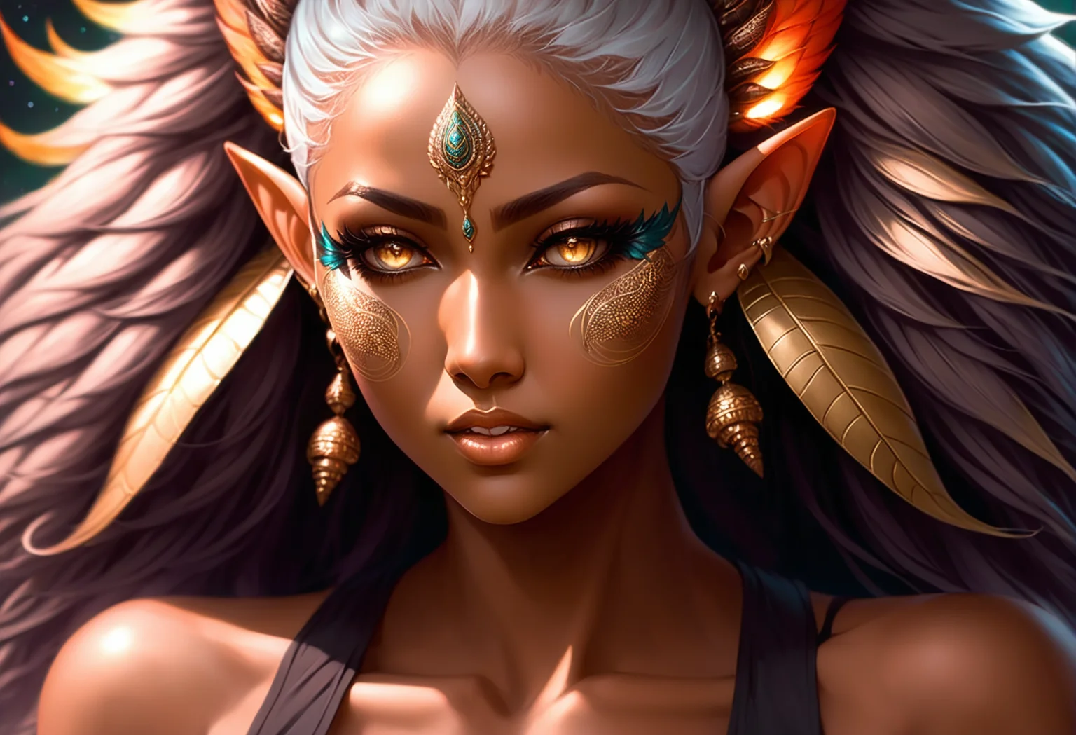 anime style, cute, full body character concept, (detailed hands, hand model:1.5), wide hips, narrow waist, elf desert renegade lord ,  , kitsune mask,matte beige hair, Feathered Hair,hair bobbles, (dark skin:1.3), small breasts, slim figure, forehead-to-forehead, moonless night, gradient background, in a alien locker room, bombshell hair, matte auburn hair, Ringlet Curls,short bombshell hair, indian style<lora:EnvyVividXL01-adamw:2.0>