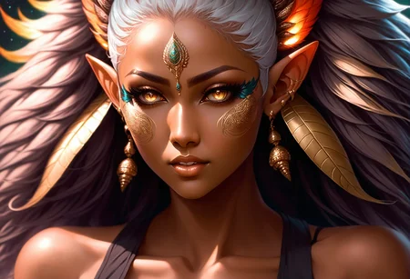 anime style, cute, full body character concept, (detailed hands, hand model:1.5), wide hips, narrow waist, elf desert renegade lord ,  , kitsune mask,matte beige hair, Feathered Hair,hair bobbles, (dark skin:1.3), small breasts, slim figure, forehead-to-forehead, moonless night, gradient background, in a alien locker room, bombshell hair, matte auburn hair, Ringlet Curls,short bombshell hair, indian style<lora:EnvyVividXL01-adamw:2.0>